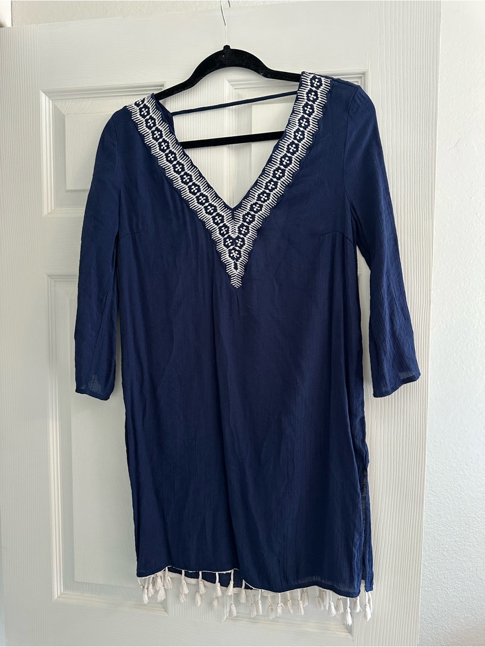 Navy V-Neck Embroidered Tunic with Tassel Hem